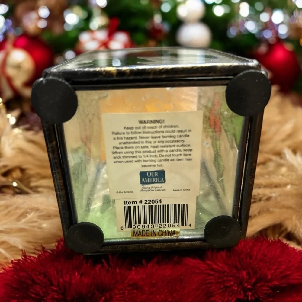 Our America Stained Glass Frosted Holly Berries Candle Holder Christmas